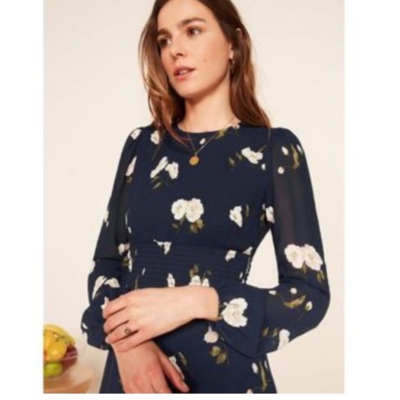 Reformation Navy Floral Long Sleeve Dress. - Picture 6 of 11